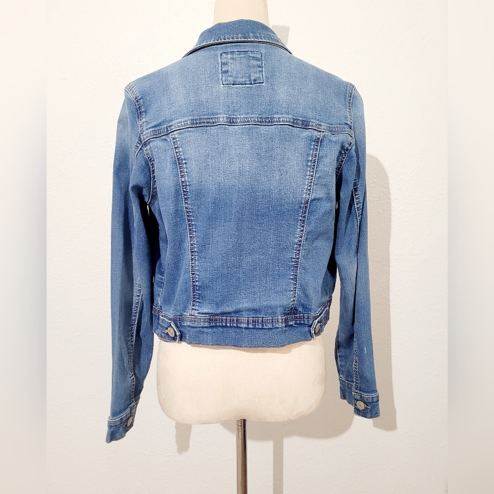 Wax Jean Trucker Denim Jacket Womens Size Medium Stretch Cropped Medium Wash - Picture 5 of 12